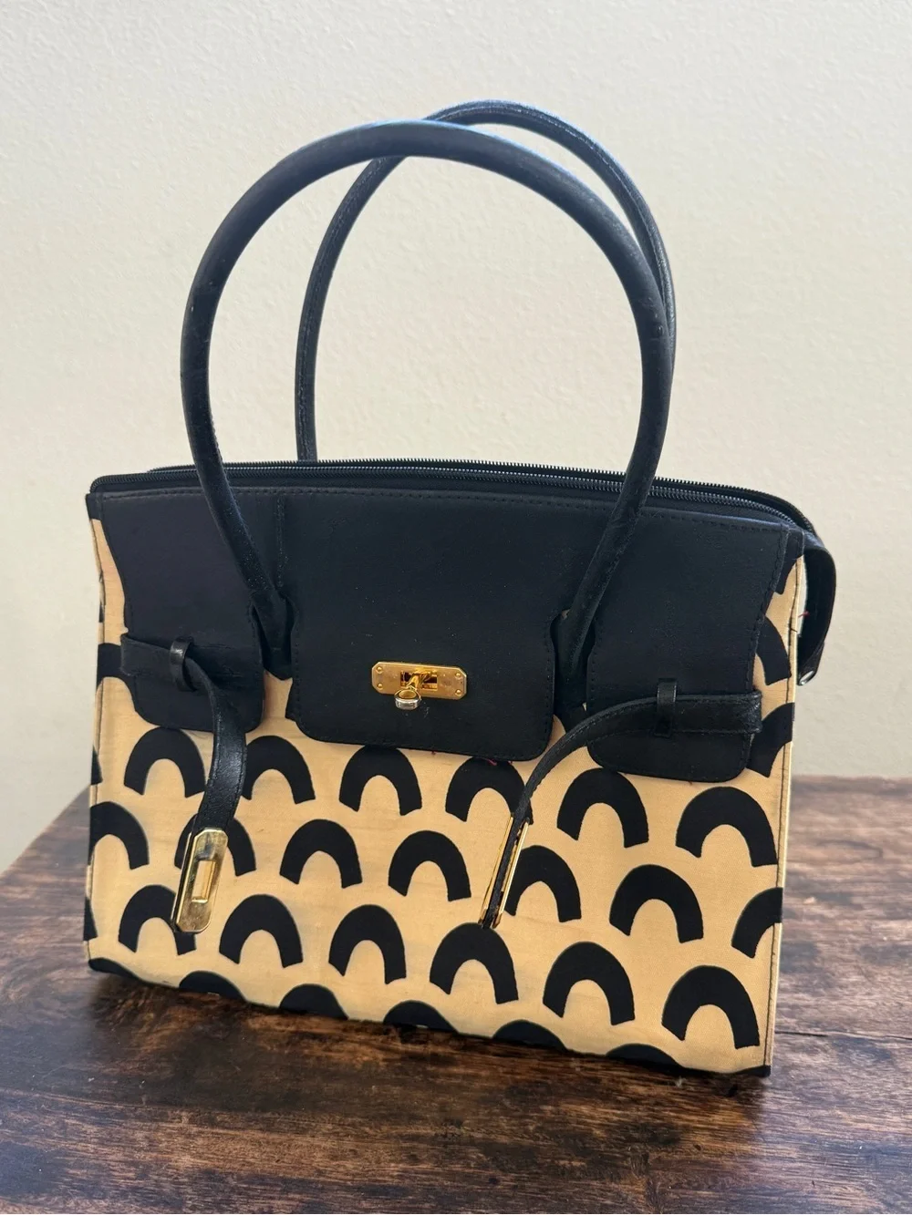 Isabella Fiore Black & Ivory Canvas Leather Satchel Handbag Geometric Print Gold